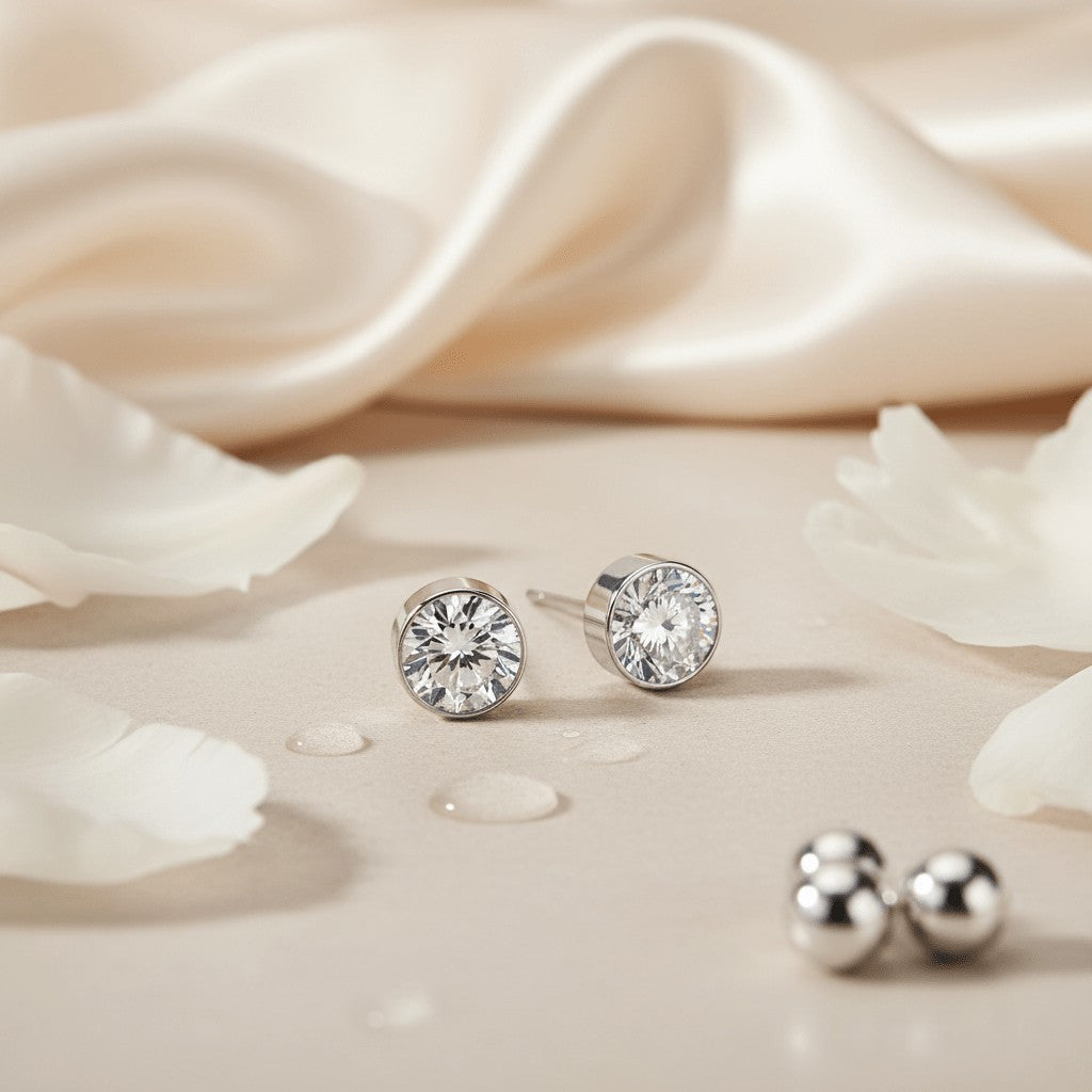 Aramat Jewels zilverkleurige oorstekers met 6mm transparant kristal, gemaakt van roestvrij staal.