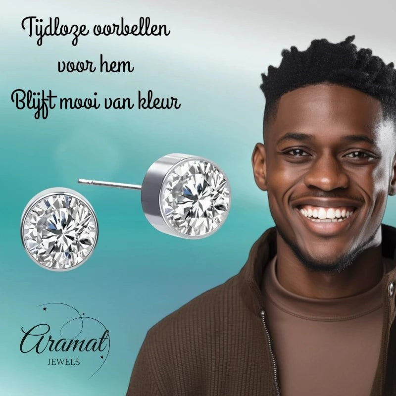 Aramat Jewels zilverkleurige oorstekers met 6mm transparant kristal, gemaakt van roestvrij staal.