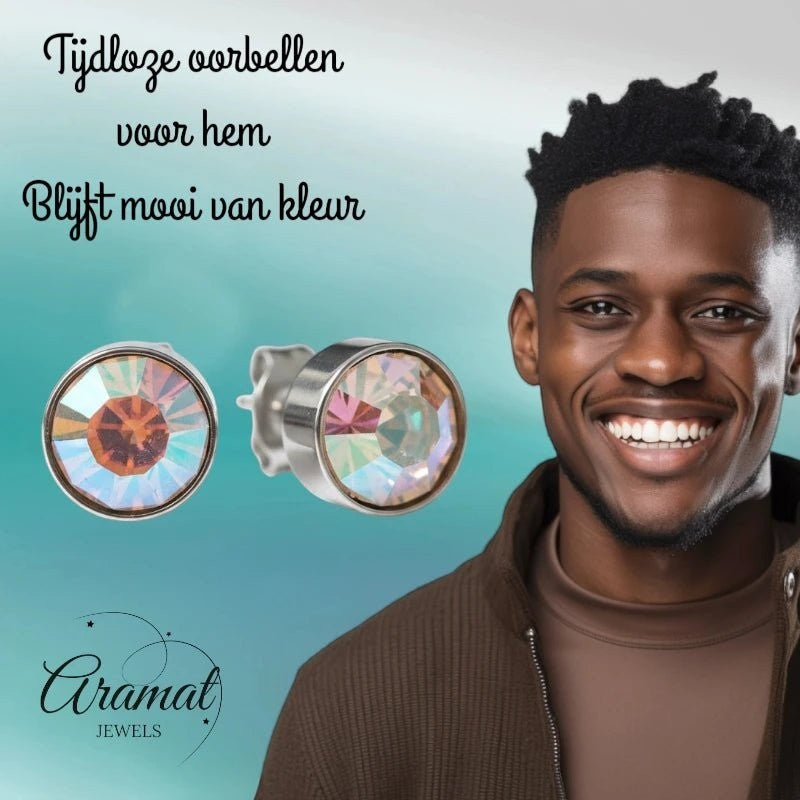 Aramat Jewels zilverkleurige oorstekers met 8mm AB transparant kristal, uniseks