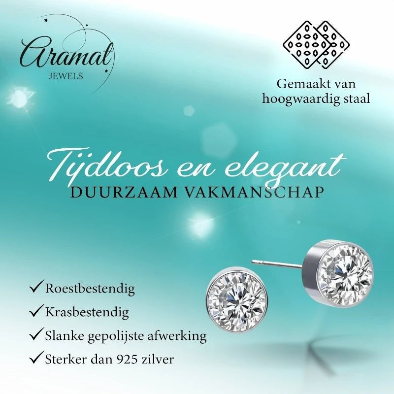 Aramat Jewels zilverkleurige oorstekers met 6mm transparant kristal, gemaakt van roestvrij staal.