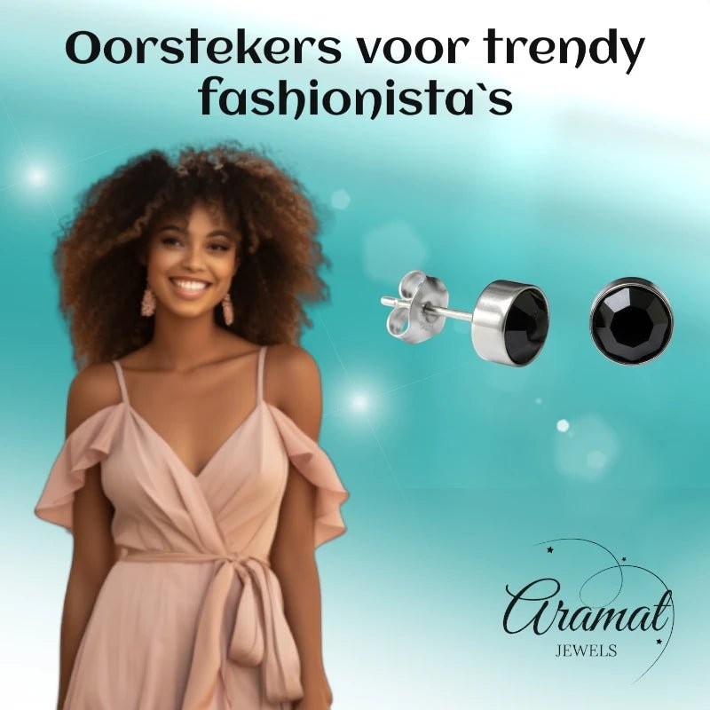 Aramat Jewels zilverkleurige oorstekers met zwart kristal van 8mm, gemaakt van roestvrij staal.