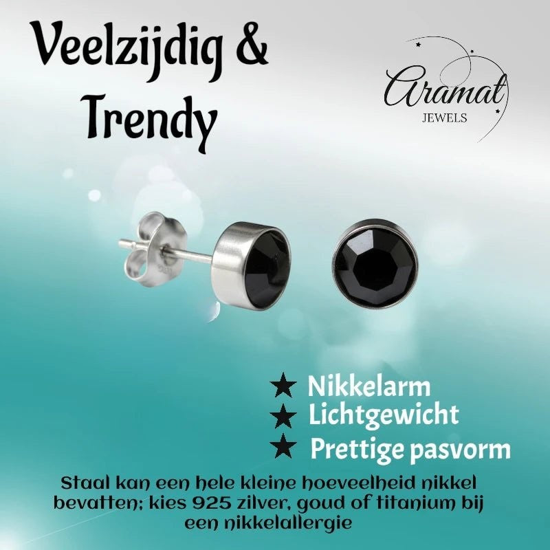 Aramat Jewels zilverkleurige oorstekers met een zwart kristal van 8mm. Nikkelarm en lichtgewicht.