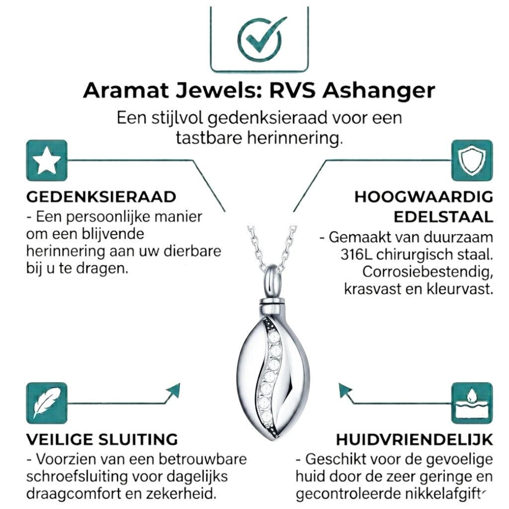 Aramat Jewels zilverkleurige ovale ashanger van 30x20mm met zirkonia steentjes, gemaakt van roestvrij staal.