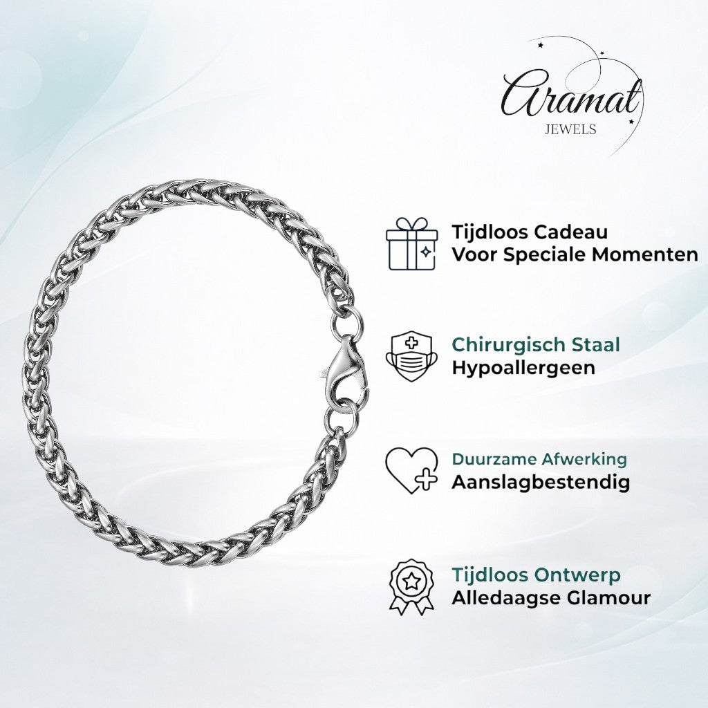 Aramat Jewels zilverkleurige roestvrijstalen vossenstaart armband voor heren en dames, 20cm lang, 5mm breed.