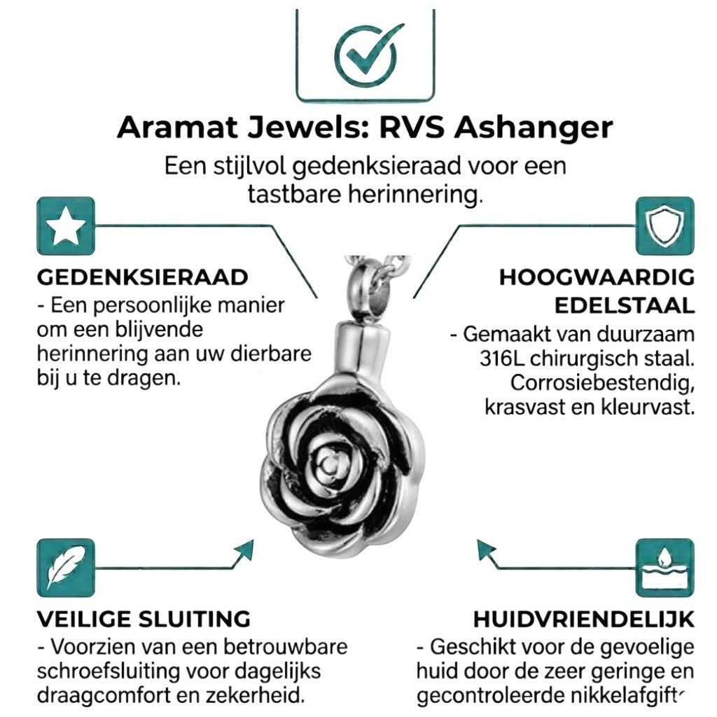 Aramat Jewels zilverkleurige roos ashanger van RVS, een betekenisvol rouwsieraad met schroefsluiting.
