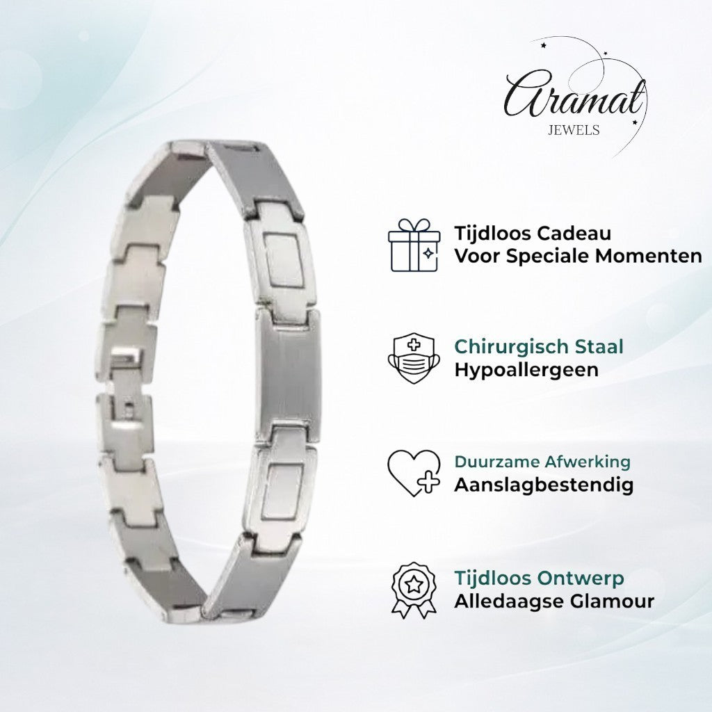 Aramat Jewels zilverkleurige edelstalen armband met rechthoekige schakels en kliksluiting, 21 cm lang.