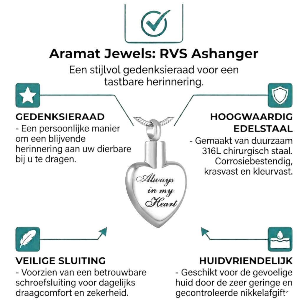 Aramat Jewels zilverkleurige stalen ashanger in hartvorm met de tekst 'Always in my Heart'.