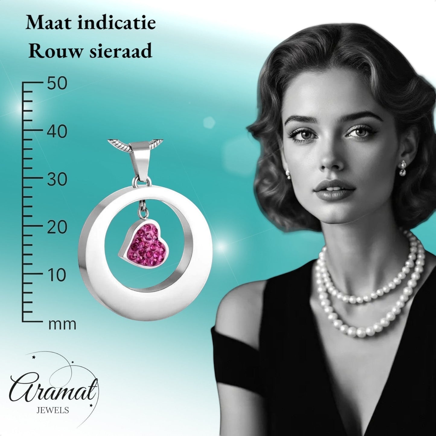 Aramat Jewels zilverkleurige stalen ashanger rond met roze hartje, waterbestendig gedenksieraad.