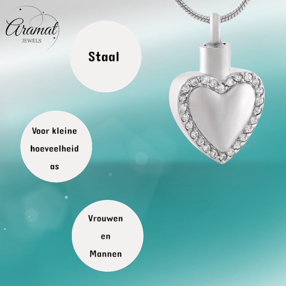 Aramat Jewels zilverkleurige stalen hartvormige ashanger met kristallen, waterbestendig, zonder ketting.