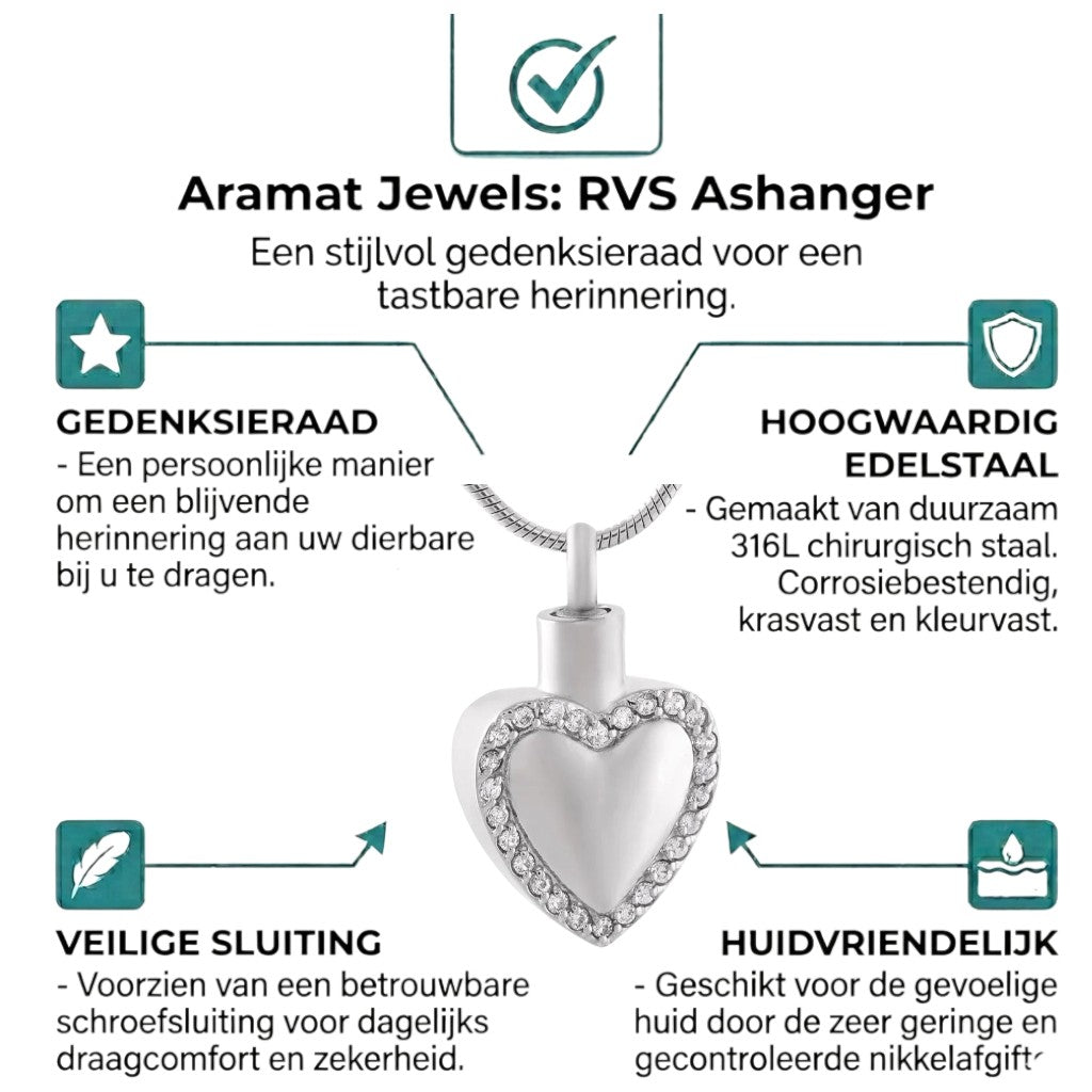 Aramat Jewels zilverkleurige stalen hartvormige ashanger met kristallen, waterbestendig, zonder ketting.