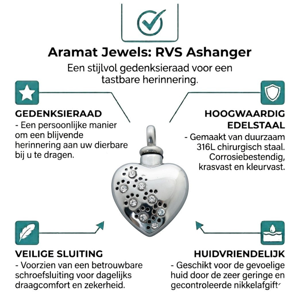 Aramat Jewels® zilverkleurige stalen ashanger in hartvorm met zirkonia pootjes en schroefsluiting.