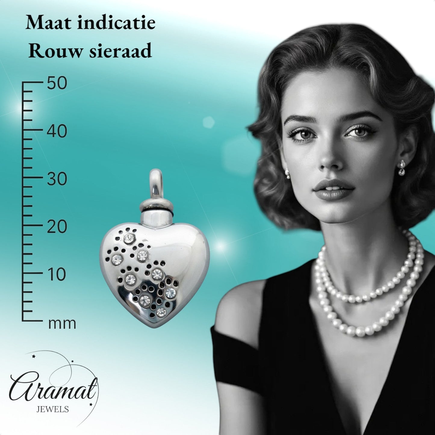 Aramat Jewels® zilverkleurige stalen ashanger in hartvorm met zirkonia pootjes en schroefsluiting.