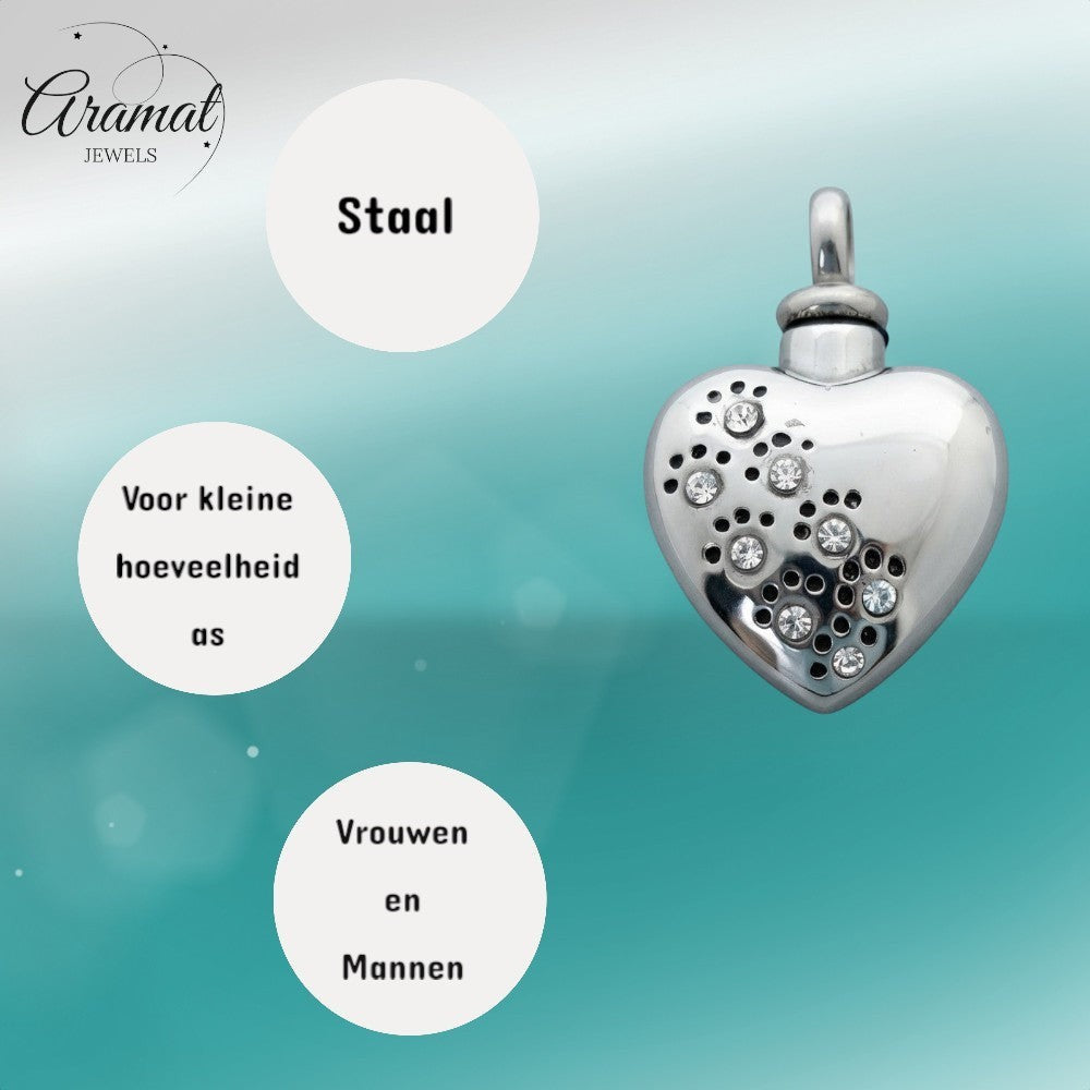 Aramat Jewels zilverkleurige stalen ashanger in hartvorm met zirkonia pootjes en schroefsluiting.