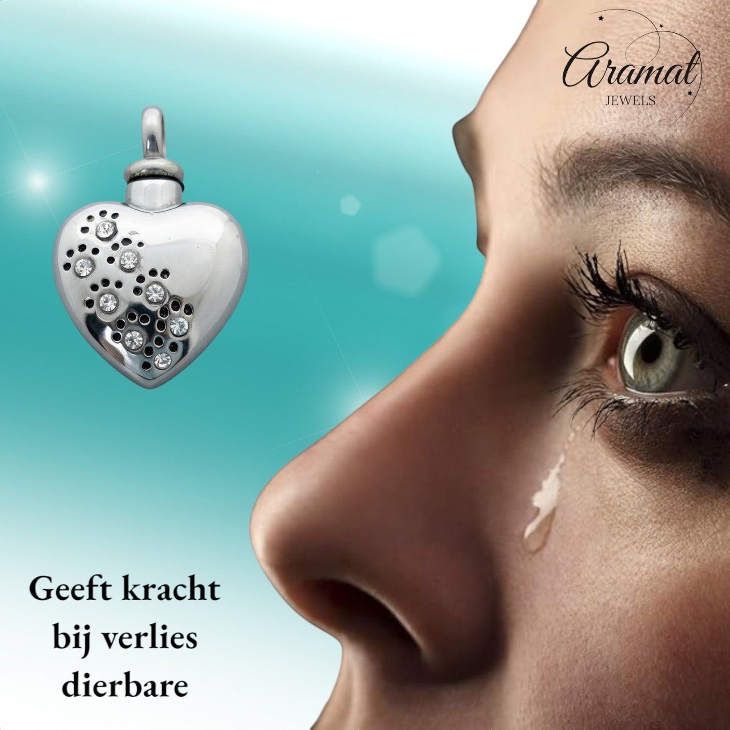 Aramat Jewels® zilverkleurige stalen ashanger in hartvorm met zirkonia pootjes en schroefsluiting.