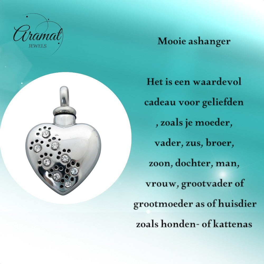 Aramat Jewels zilverkleurige stalen ashanger in hartvorm met zirkonia pootjes en schroefsluiting.