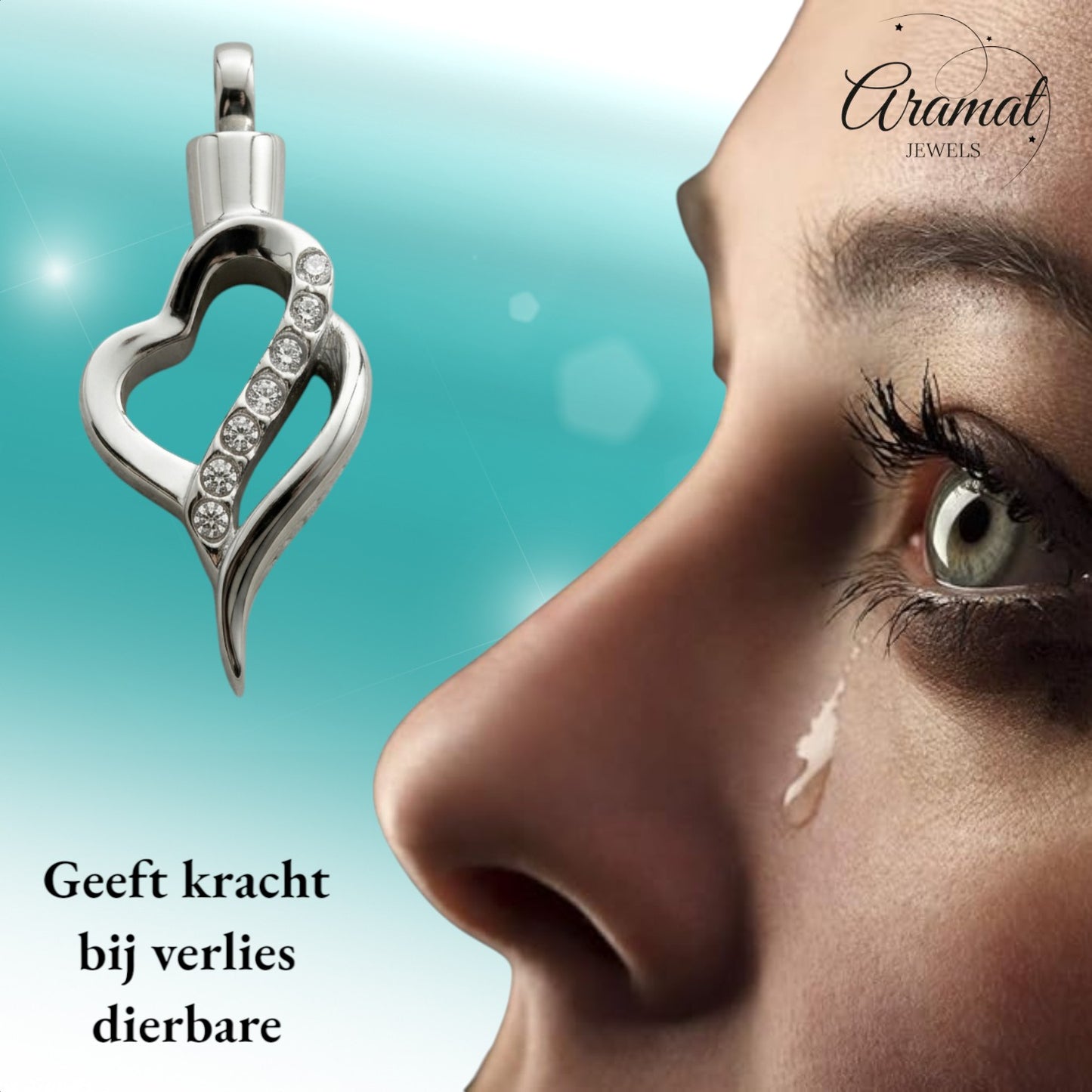 Aramat Jewels® zilverkleurige stalen ashanger in hartvorm met zirkonia steentjes. Gedenksieraad zonder ketting.