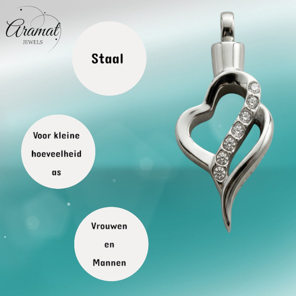 Aramat Jewels® zilverkleurige stalen ashanger in hartvorm met zirkonia steentjes. Gedenksieraad zonder ketting.