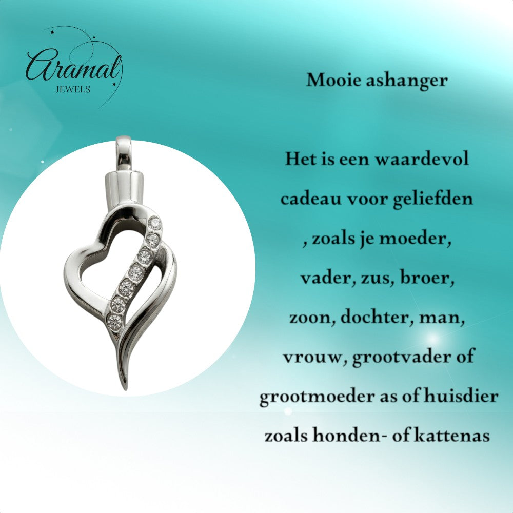 Aramat Jewels® zilverkleurige stalen ashanger in hartvorm met zirkonia steentjes. Gedenksieraad.