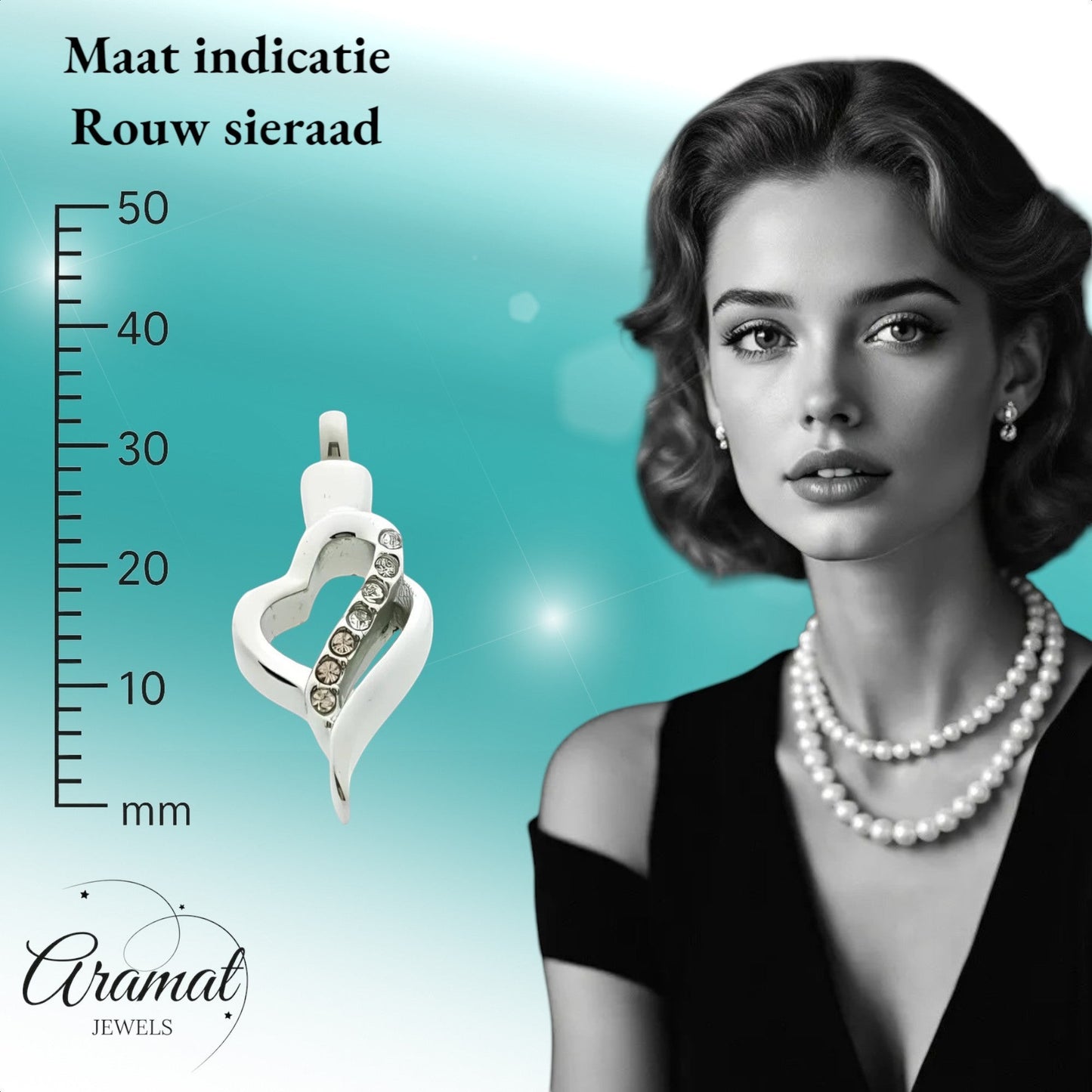 Aramat Jewels® zilverkleurige stalen ashanger in hartvorm met zirkonia, waterbestendig gedenksieraad.