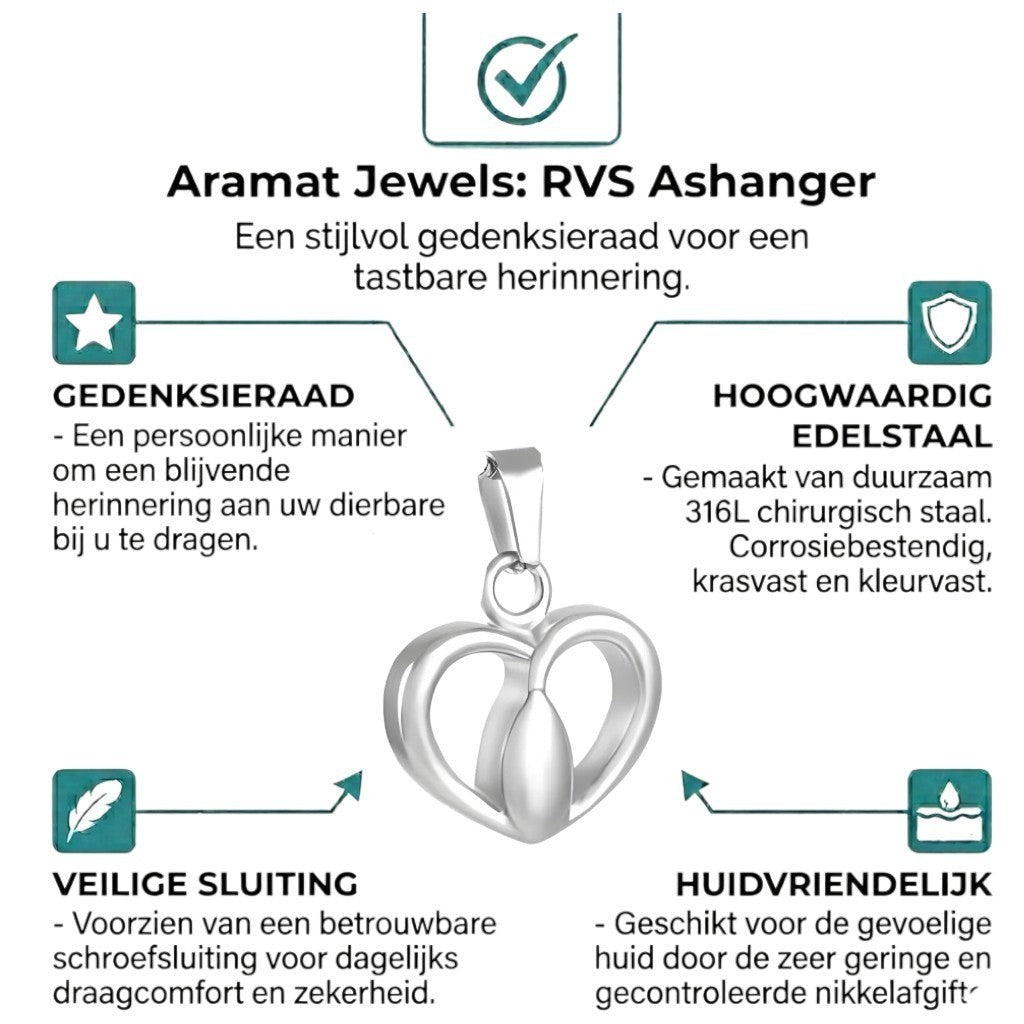 Aramat Jewels zilverkleurige stalen ashanger in hartvorm, gemaakt van roestvrij staal.