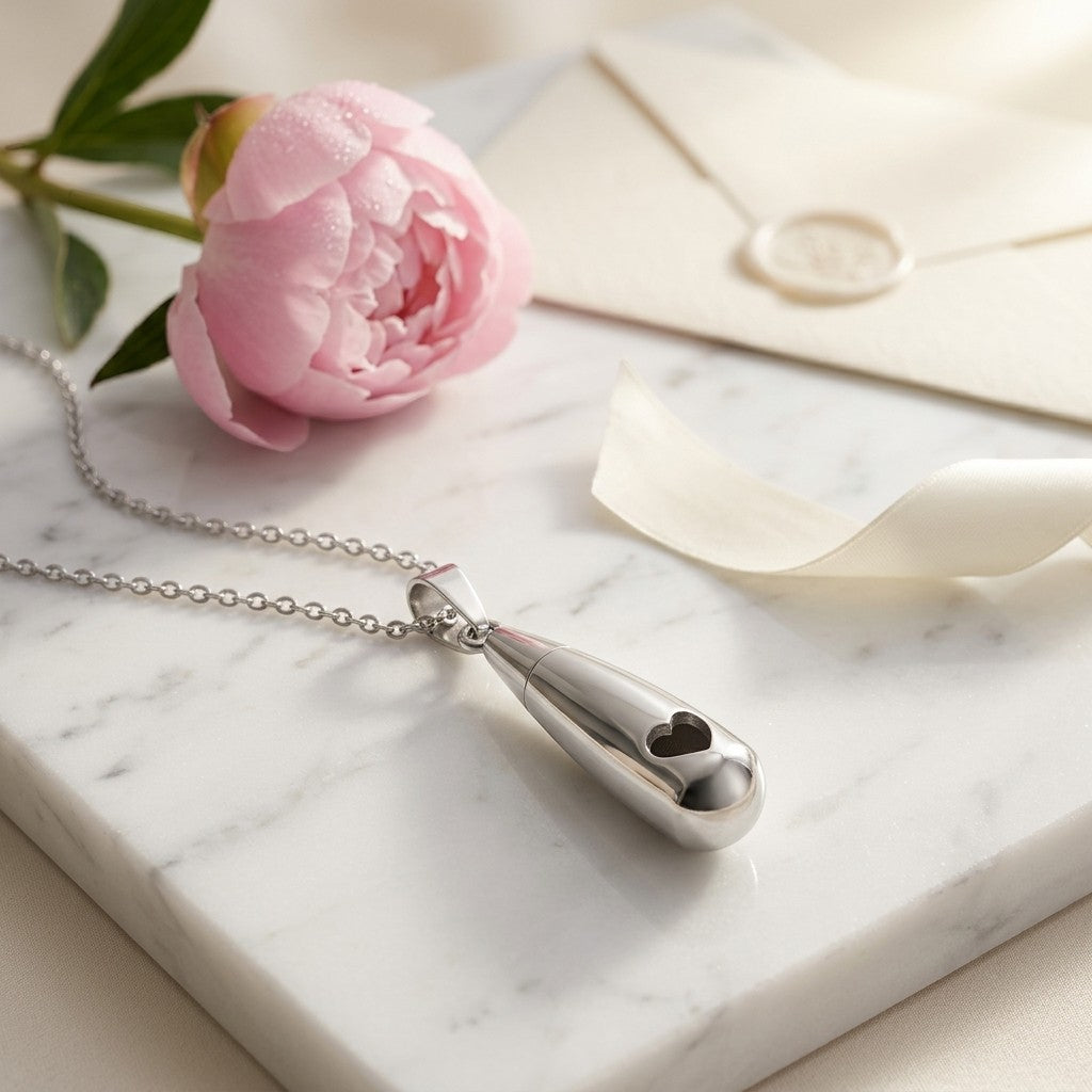 Aramat Jewels zilverkleurige stalen ashanger in druppelvorm met opengewerkt hartje, 3,1cm lang, met schroefsluiting.