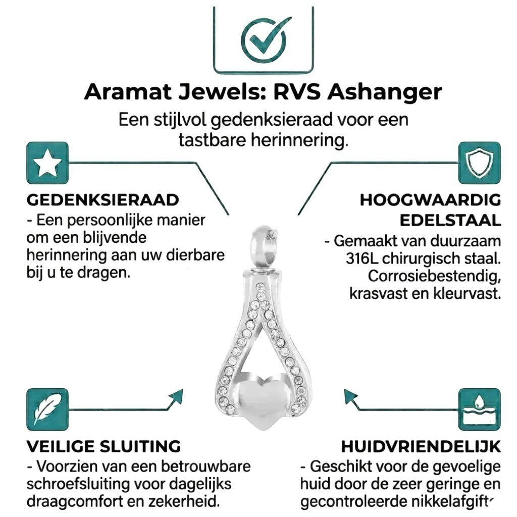 Aramat Jewels zilverkleurige stalen ashanger in hartvorm, versierd met zirkonia steentjes.