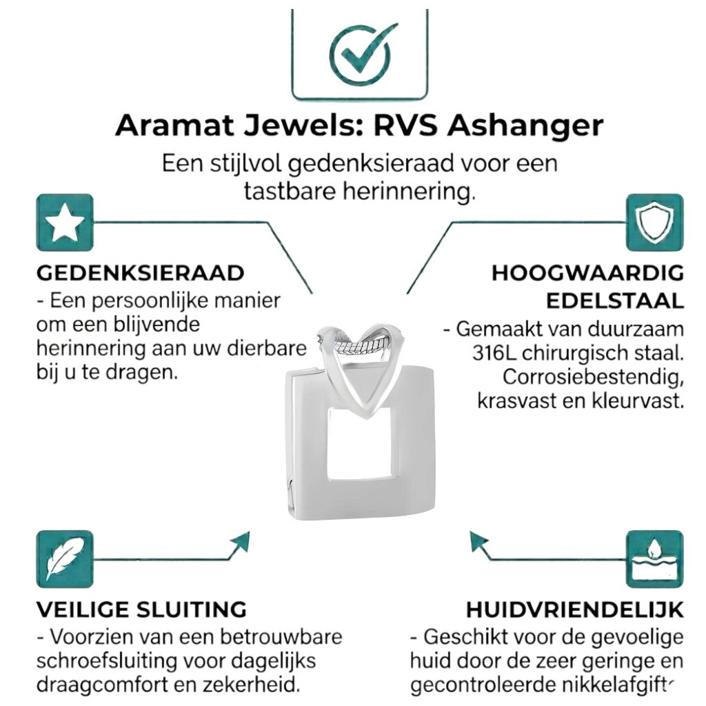 Aramat Jewels zilverkleurige stalen ashanger in open vierkant design, 25x20 mm.