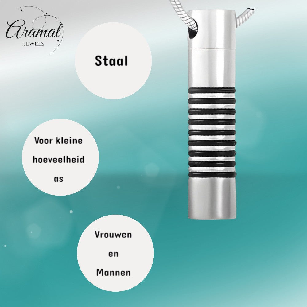 Aramat Jewels zilverkleurige stalen buis ashanger voor mannen met zwarte ringen. Discreet rouwsieraad.