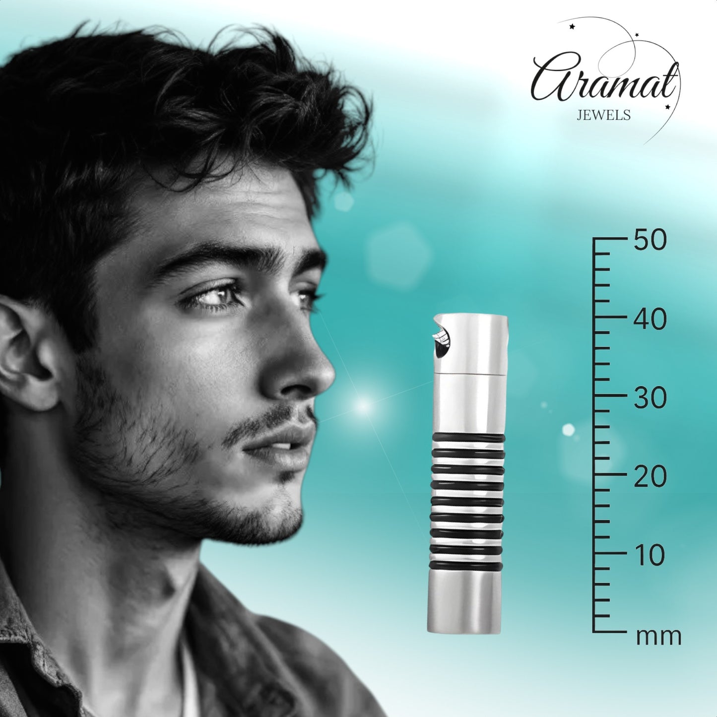 Aramat Jewels zilverkleurige stalen buis ashanger voor mannen met zwarte ringen. Discreet rouwsieraad.