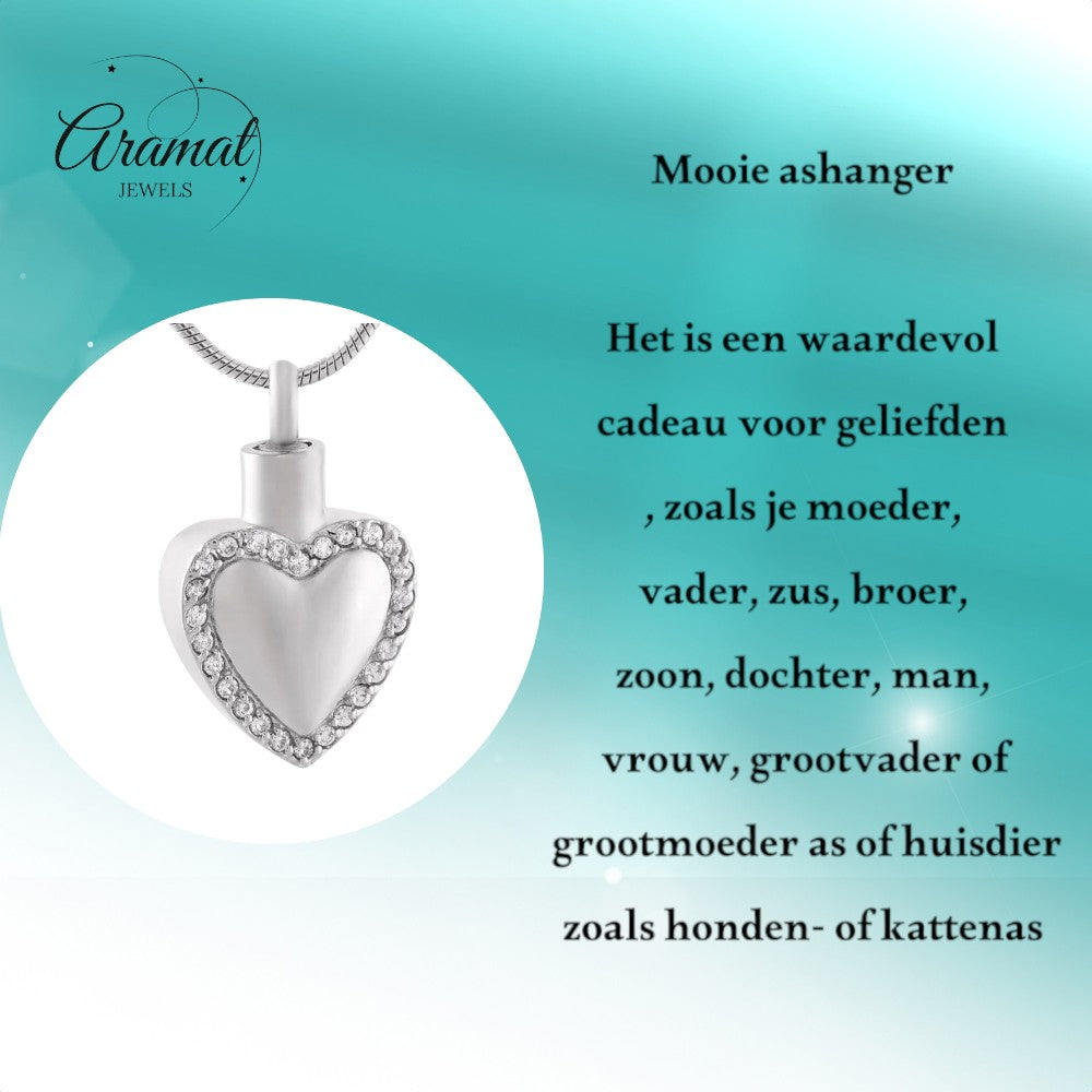 Aramat Jewels zilverkleurige stalen hartvormige ashanger met kristallen, zonder ketting.