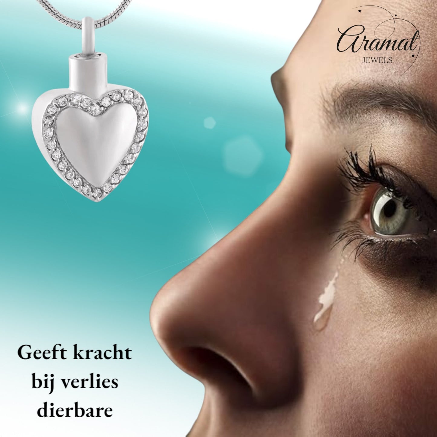 Aramat Jewels zilverkleurige stalen hartvormige ashanger met kristallen, zonder ketting.