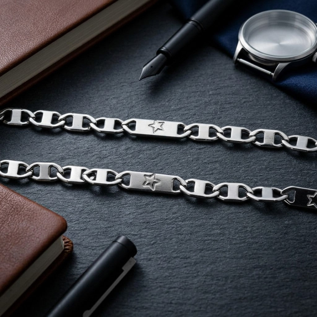 Aramat Jewels zilverkleurige stalen marine schakel ketting met sterretjes op een donkere ondergrond met kantoorartikelen.