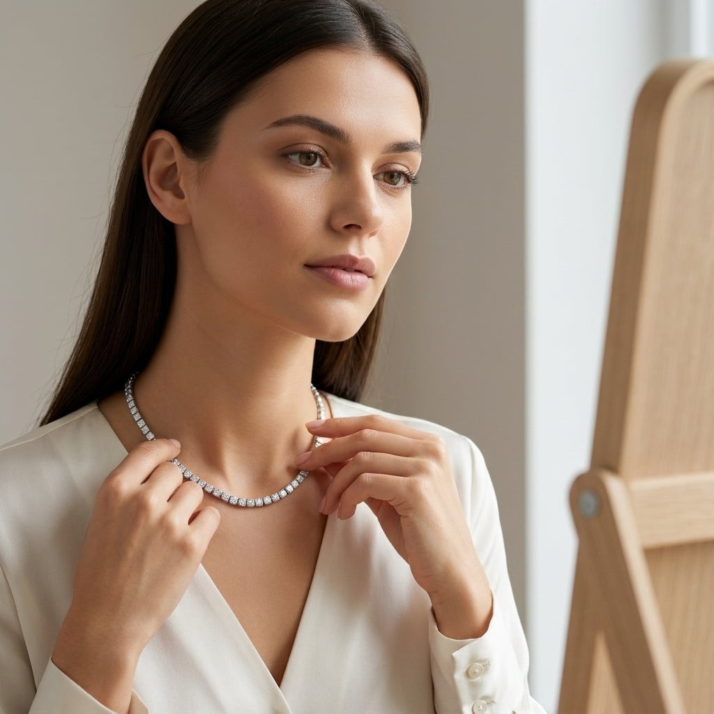 Vrouw draagt Aramat Jewels zilverkleurige stalen ketting met 4mm zirkonia stenen voor een elegante uitstraling.