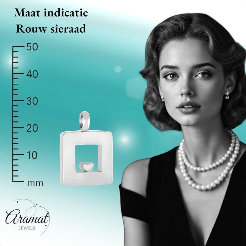 Aramat Jewels zilverkleurige vierkante ashanger met hartje, 26x19mm, roestvrij staal, waterbestendig