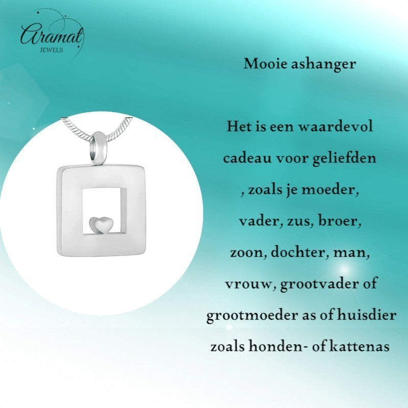 Aramat Jewels zilverkleurige vierkante ashanger met hartje detail, 26x19mm, roestvrij staal, waterbestendig.