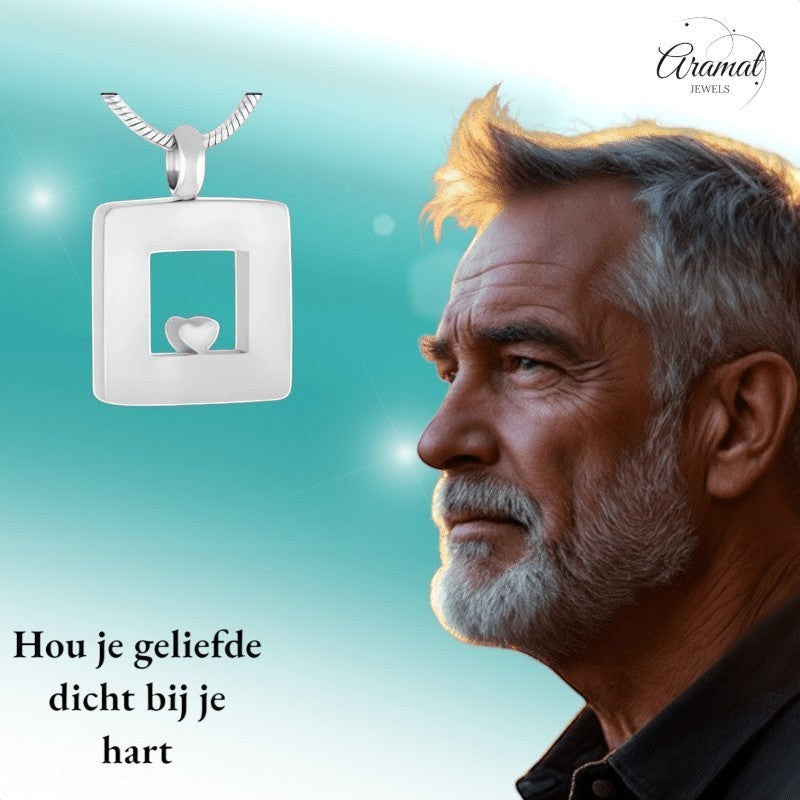 Aramat Jewels zilverkleurige vierkante ashanger met hartje, 26x19mm, RVS, waterbestendig gedenksieraad.