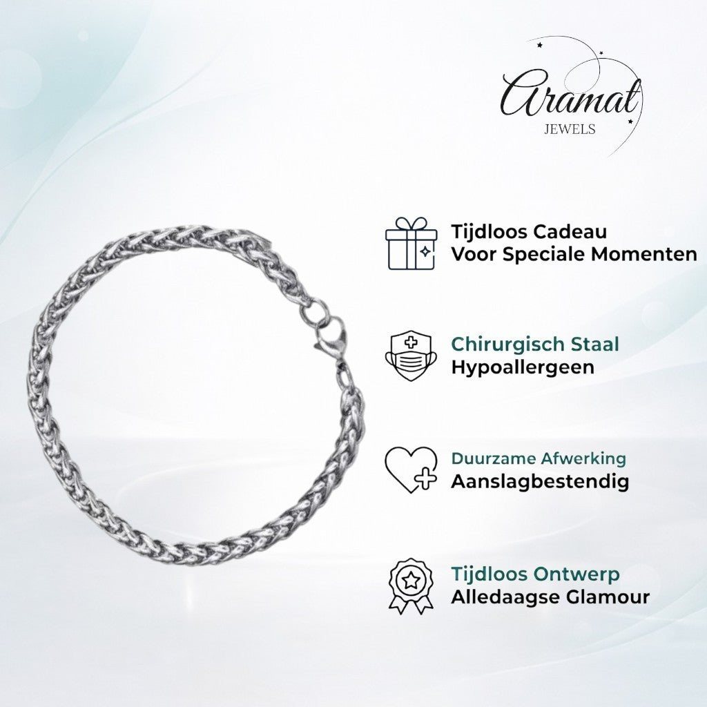 Zilverkleurige Aramat Jewels vossenstaart armband van roestvrij staal met een breedte van 5 mm en lengte van 21 cm.