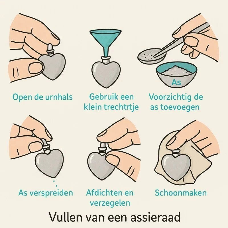 Aramat Jewels zilverkleurig hartje ashanger van 316L edelstaal, instructies voor het vullen met as.