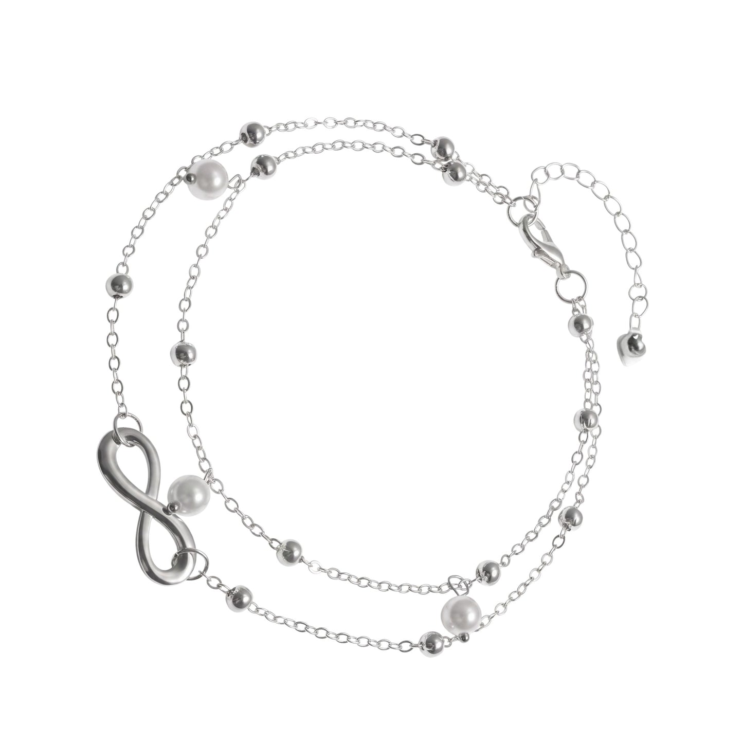 Aramat Jewels dubbel zilverkleurig enkelbandje met infinity teken en witte parels voor een zomerse look.