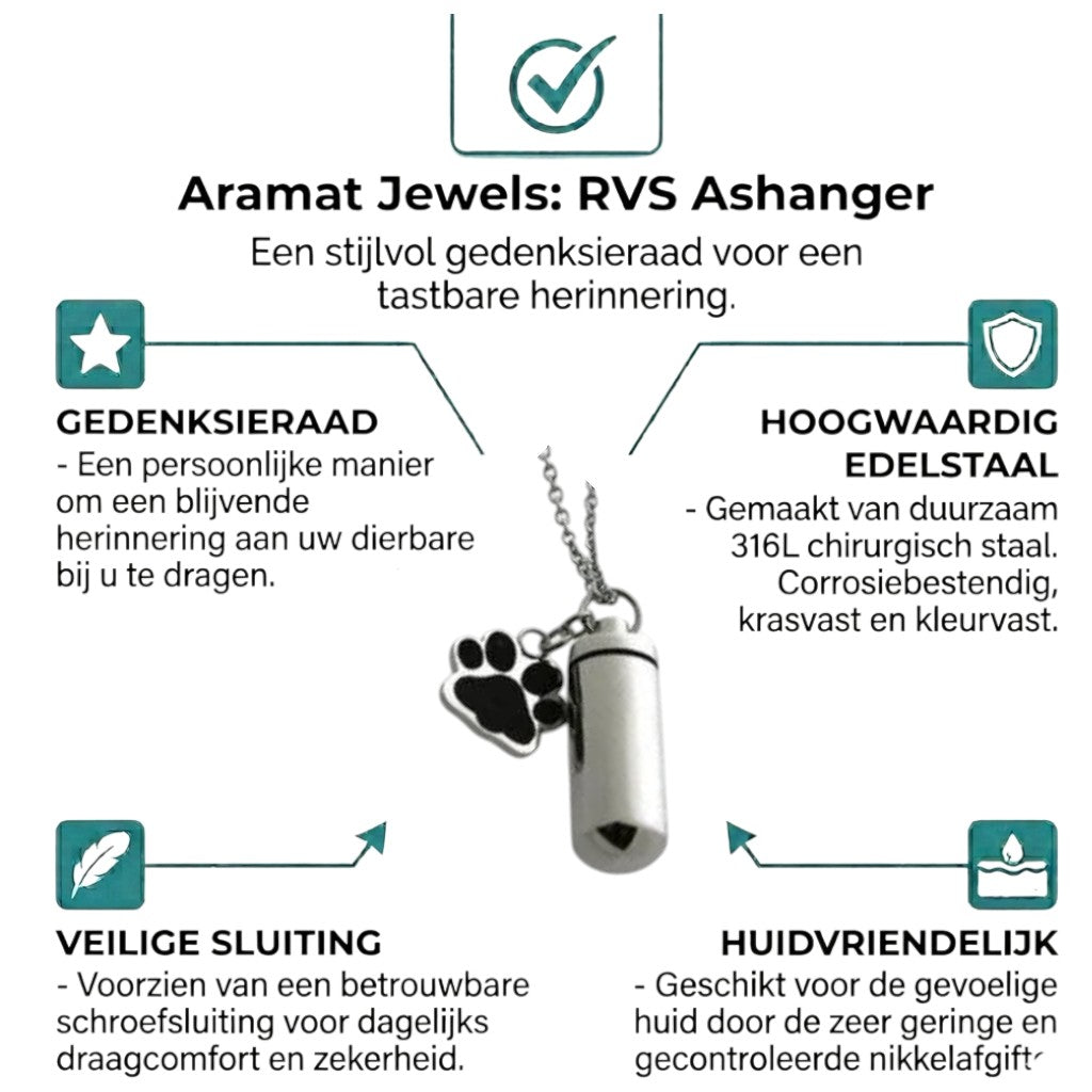 Aramat Jewels zilverkleurige buisvormige ashanger met pootje, gemaakt van roestvrij staal.