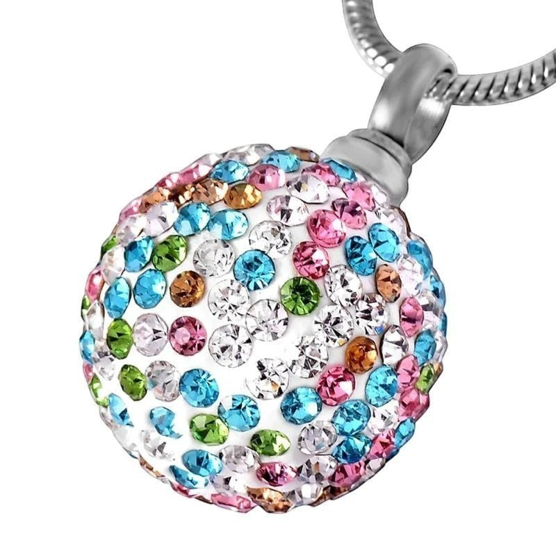 Aramat Jewels® zilverkleurige bolvormige ashanger bezet met gekleurde kristallen, zonder ketting.