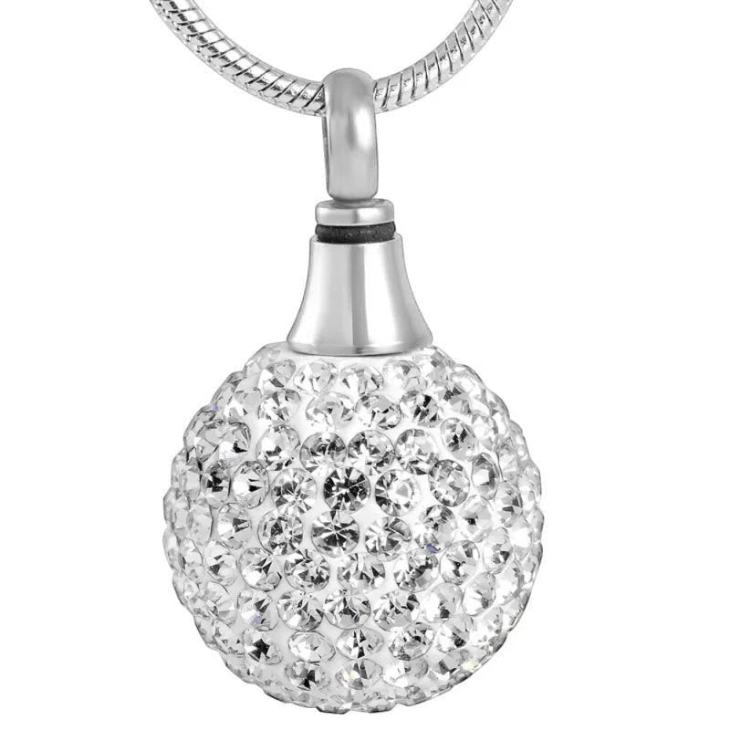 Aramat Jewels zilverkleurige bolvormige ashanger bezet met kristallen, met schroefsluiting. Gedenksieraad zonder ketting.