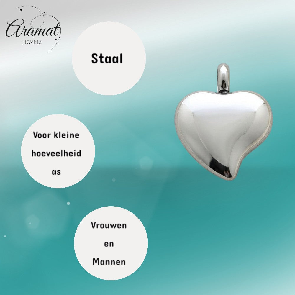 Aramat Jewels zilverkleurige hartvormige crematiehanger van roestvrij staal met schroefsluiting.