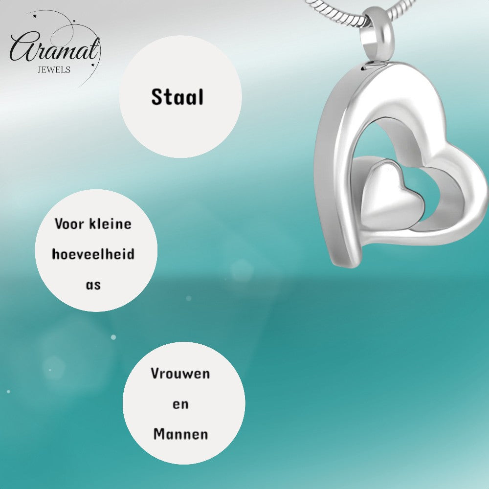 Aramat Jewels zilverkleurige dubbele hartvormige ashanger van roestvrij staal met schroefsluiting.