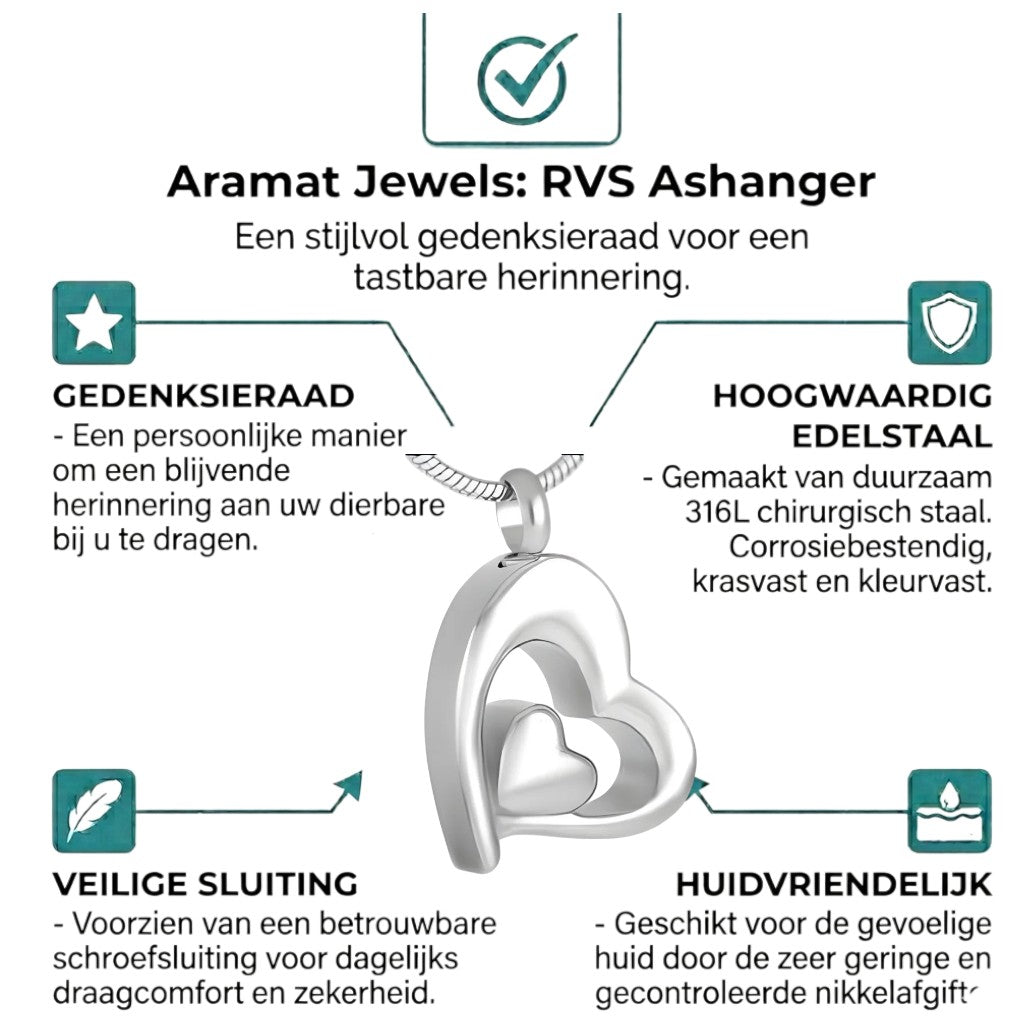 Aramat Jewels zilverkleurige dubbele hart ashanger van roestvrij staal met schroefsluiting.