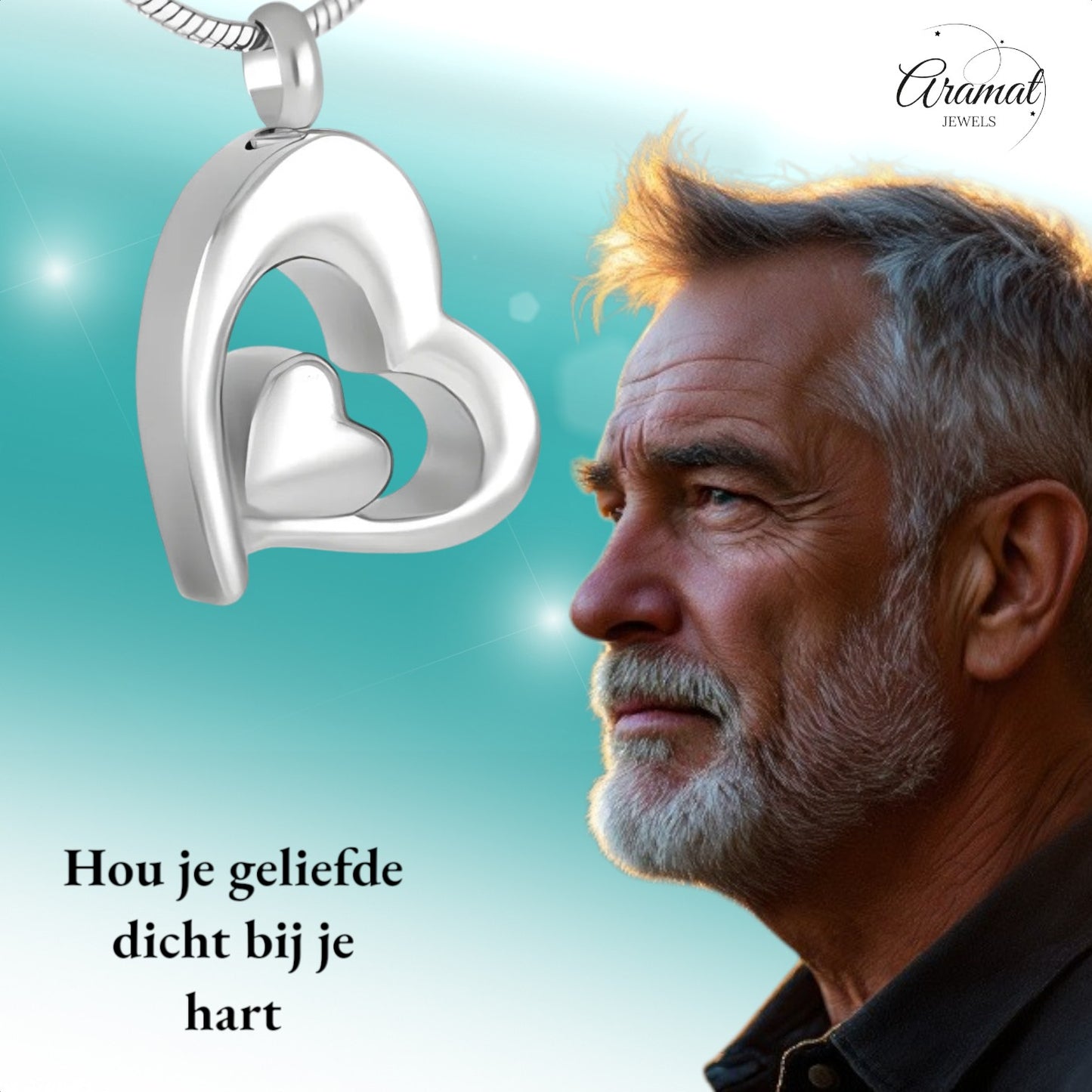 Aramat Jewels zilverkleurige dubbele hart ashanger van roestvrij staal, subtiel en waterbestendig.