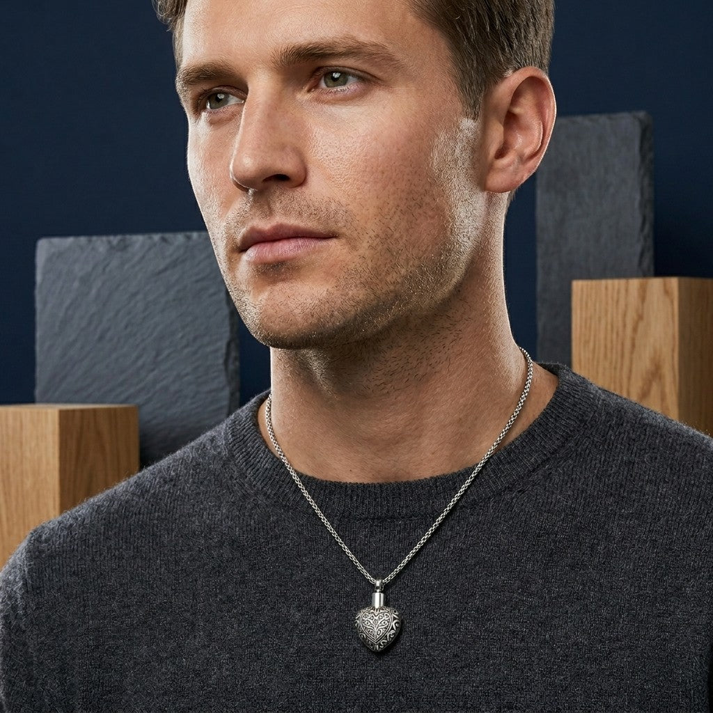 Aramat Jewels zilverkleurige hartvormige ashanger met sierlijke rand, gedragen door een man.