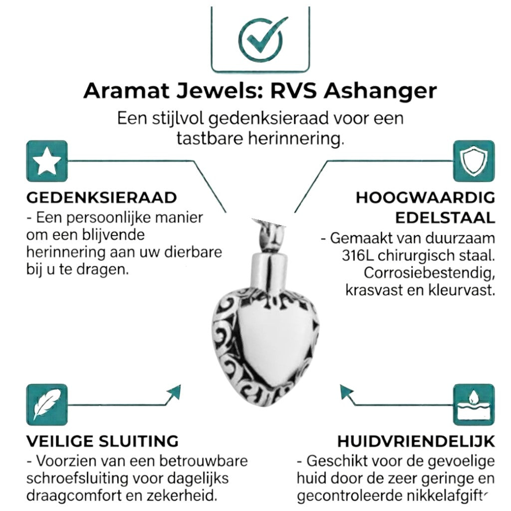Aramat Jewels zilverkleurige hartvormige ashanger met sierlijke rand, gemaakt van roestvrij staal.