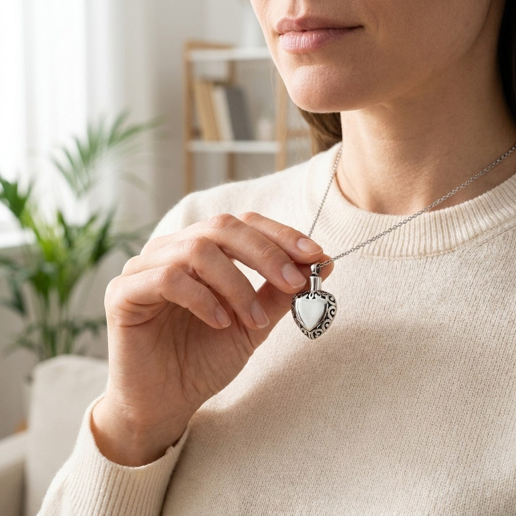 Aramat Jewels zilverkleurige hartvormige ashanger met sierlijke rand, gemaakt van roestvrij staal.