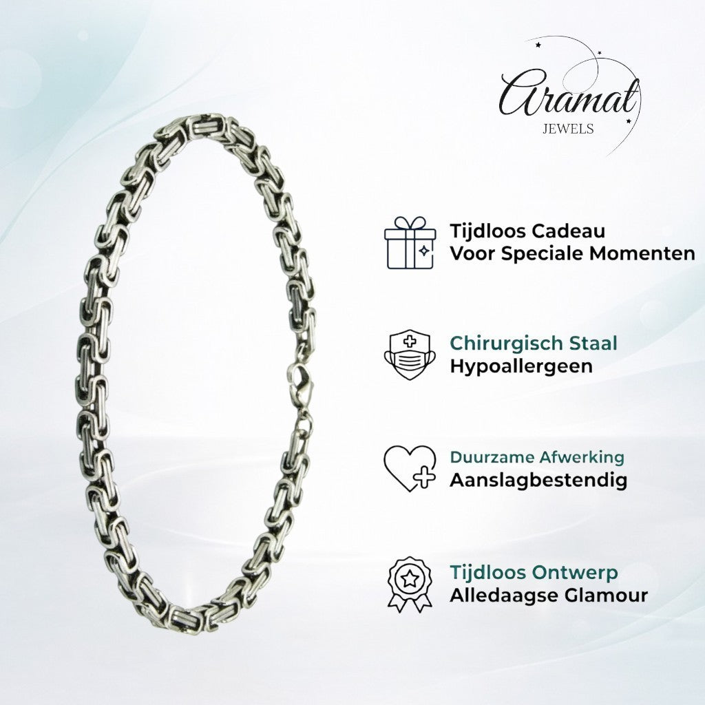 Aramat Jewels zilverkleurige RVS koningsschakel armband van 5mm breed en 20cm lang met een plat design.